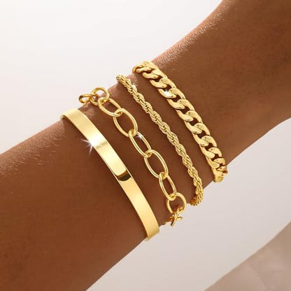MFRYK Gold/Silver Bracelets For Women,Trendy 14k Gold/Silver Plated lightweight Dainty Chunky Thin Cuban Link Paperclip Chain Tennis Bangle Bracelets Stack Set,Ring Hand Chain Bracelet,Gold Jewelry Gift For Women Fashion Accessories - style: 4Pcs cuff ban