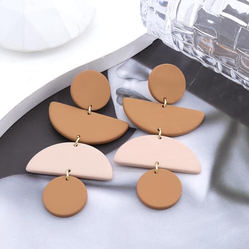 Acrylic Geometric Clay Drop Dangle Earrings for Women Handmade Irregular Polymer Earrings Boho Statement Dangling Earrings Jewelry Gift - color: Brown