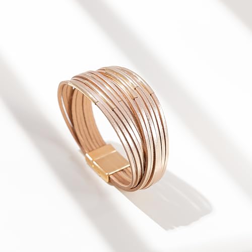 Gold Tube Leather Wrap Bracelets Boho Chunky Stackable Layered Western Cuff | Stacked Bohemian Cool Magnetic Clasp Bangles Statement Cowgirl Hippie Country Festival Accessories for Women Trendy - color: Rosy Metallic