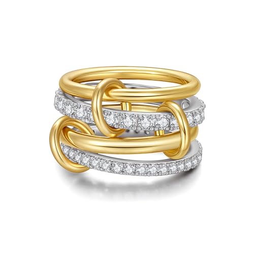 TLY Stackable Gold Rings for Women Interlocking Ring Stack Set non tarnish | 18K Gold Silver Plated Mixed Metal Statement Rings Waterproof Cubic Zirconia Fashion Connected Band Thumb Ring Size 4-11 - color: 01.Halley set