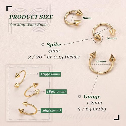 G23 Titanium 14/16/18/20G Septum Rings Horseshoe Nose Ring Jewelry | 2/3Pcs Circular Barbell Spike Lip Body Piercing Jewelry Conch Helix Tragus Earring Silver/Black 8/10/12mm 14K Gold Plated - color: Gold-3pcs, size: Spike-3pcs-16g-8/10/12mm