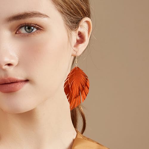 Handmade Bohemian Large Soft Genuine Leather Fringe Double Feather Dangle Drop Earrings Lightweight Simple Color PU Leaf Hook Earrings for Women - color: Orange