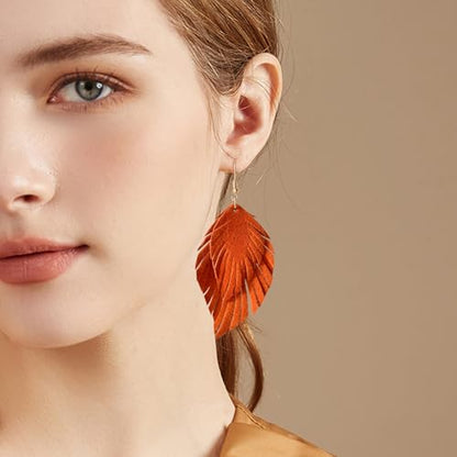 Handmade Bohemian Large Soft Genuine Leather Fringe Double Feather Dangle Drop Earrings Lightweight Simple Color PU Leaf Hook Earrings for Women - color: Orange