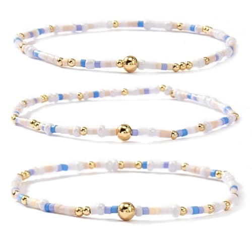 Colorful Gold Beaded Bracelets for Women Boho Tiny Gold Plated Ball Stretch Stackable Small Seed Beads Bracelet Stack Trendy Jewelry Set Dainty Vacation Friendship Christmas Gifts for Women - color: Blue White