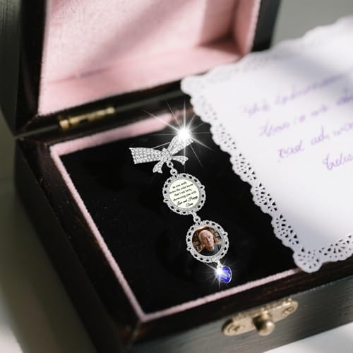Bouquet Charms for Wedding Memory Something Blue Photo Charm Pin for Bride Memorial Locket with Picture from Mom and Dad Brooch Pins for Bridal Bouquet on Special Day or Graduation