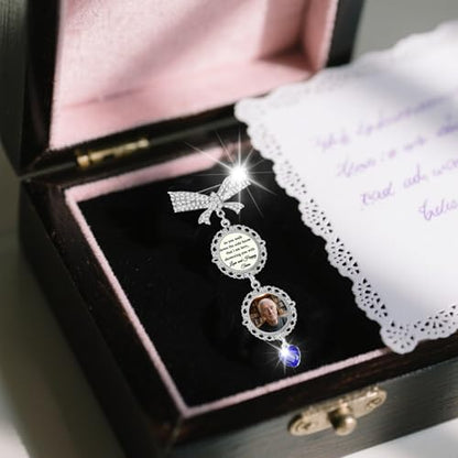 Bouquet Charms for Wedding Memory Something Blue Photo Charm Pin for Bride Memorial Locket with Picture from Mom and Dad Brooch Pins for Bridal Bouquet on Special Day or Graduation