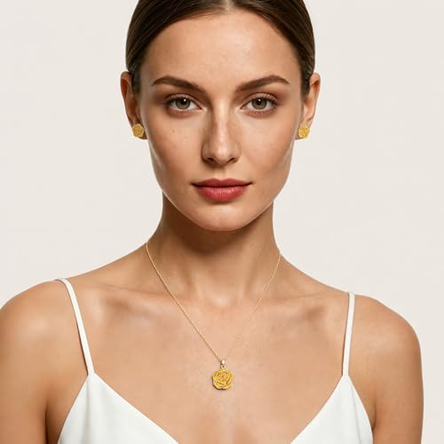 Enamel Rose Necklace and Earrings Jewelry Set for Women | 14K Gold Plated,Rose Represent: Love Gratitude Prid,Adjustable Chain Fit,Elegant Sets for Daily and Party Wear,Gift Box - color: Yellow