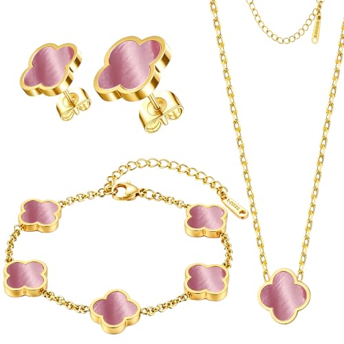 Clover Jewelry Set 3 PC - 18K Gold Plated Stainless Steel Y Necklace Four Leaf Pendant, Clover Bracelet Charm, 4leaf Earrings, Hypoallergenic Non-Tarnish, Lucky Jewelry Gifts for Women Mom - color: Pink/Gold