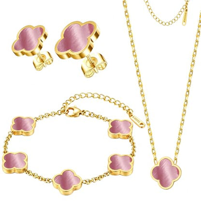 Clover Jewelry Set 3 PC - 18K Gold Plated Stainless Steel Y Necklace Four Leaf Pendant, Clover Bracelet Charm, 4leaf Earrings, Hypoallergenic Non-Tarnish, Lucky Jewelry Gifts for Women Mom - color: Pink/Gold