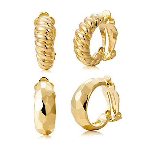 Clip on Earrings Women, 14K Gold Hoop Clip-On Earrings for Women, Hypoallergenic Non Pierced Croissant Earrings - color: Gold Clip Hoops
