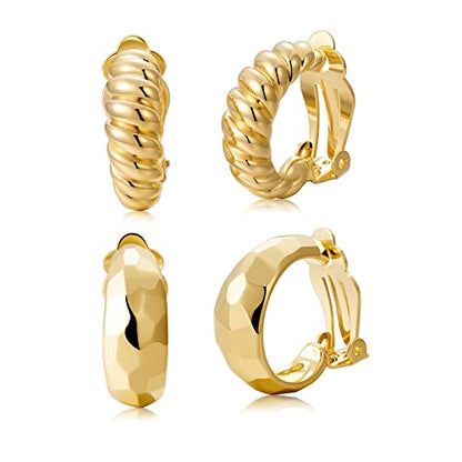 Clip on Earrings Women, 14K Gold Hoop Clip-On Earrings for Women, Hypoallergenic Non Pierced Croissant Earrings - color: Gold Clip Hoops
