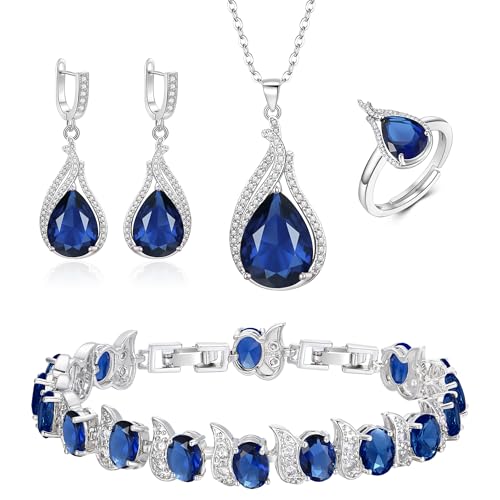Jewelry Set for Bride, Sparkling Water Drop Cubic Zirconia Crystal Pendant Necklace Leverback Earrings Tennis Bracelet Adjustable Ring Gift for Wedding/Birthday/Mother's Day/Christmas - color: 15-Sapphire Color