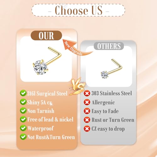 15PCS 14K Gold Plated Nose Rings Studs Set for New Piercing Beginners - color: 8pcs/L-shaped/20G/Gold