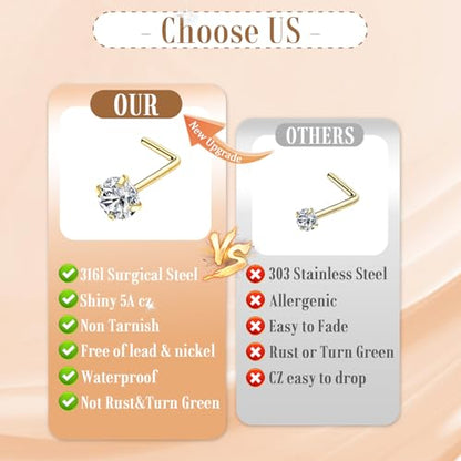 15PCS 14K Gold Plated Nose Rings Studs Set for New Piercing Beginners - color: 8pcs/L-shaped/20G/Gold