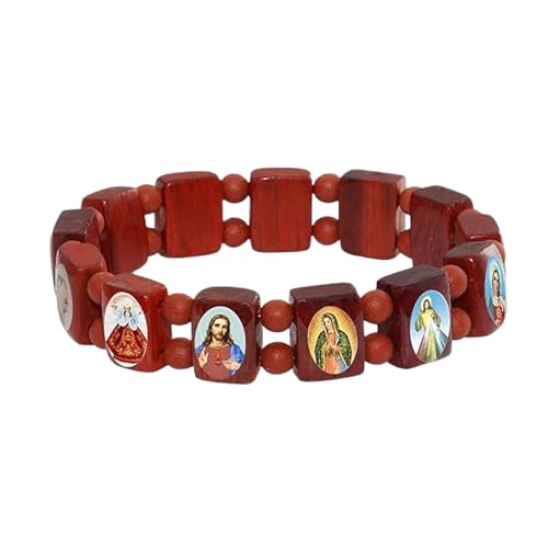 Catholica Shop Devotional Catholic Religious Wood Stretch Bracelets. Small and Large Panels with Assorted Images of Saints, Jesus and Mary. Unisex. Handcrafted in Brazil - style: Small Panel Red Tone