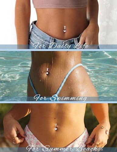FIBO STEEL 8Pcs Belly Button Ring for Women Dangle Belly Rings Surgical Steel Cute Heart Flower Dainty Dangly Belly Button Piercing Jewelry Navel Ring Silver Plated 14G