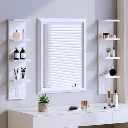LitaEther 4 Tier White Lack Shelf Vanity Wall Shelf with 10 Crystal Hooks - Multi-Functional Storage for Makeup, Jewelry, Plants, Awards & Display (L7.1 x W5.5 x H30.7) (1)