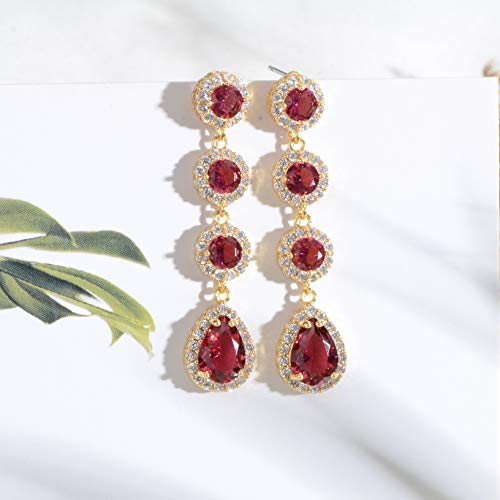 Women's Cubic Zirconia Bridal Earrings - Elegant Long Wedding Party Prom Earring for Bride Bridesmaids Crystal CZ Rhinestone Chandelier Statement Dangle Drop Earrings for girls - color: Red-gold