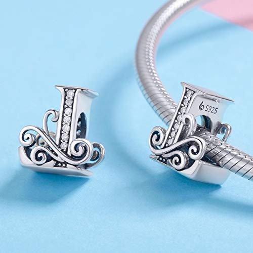 BISAER 925 Sterling Silver Initial Letter A-Z Charms for Bracelets Alphabet Beads Charm Jewelry Gifts - color: Letter L