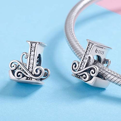 BISAER 925 Sterling Silver Initial Letter A-Z Charms for Bracelets Alphabet Beads Charm Jewelry Gifts - color: Letter L