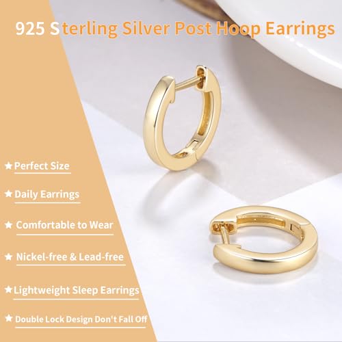 14K Gold Plated Hoop Earrings for Women with 925 Sterling Silver Post, Lightweight Small Hoop Earrings 15mm/20mm Huggie Hoop Earrings - color: 14K Gold Plated, size: 15MM
