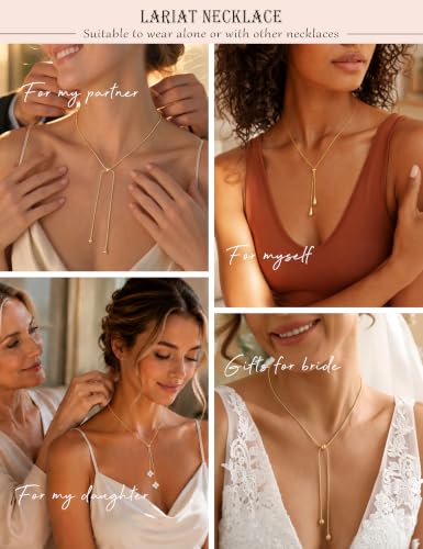 Lariat Gold Silver Necklace for Women Long Dainty Y Necklace 14k Gold Plated Drop Chunky Necklace Trendy Clover Heart Cross Teardrop Cz Pendant Statement Simple Adjustable Jewelry Gift - color: Gold- Beads