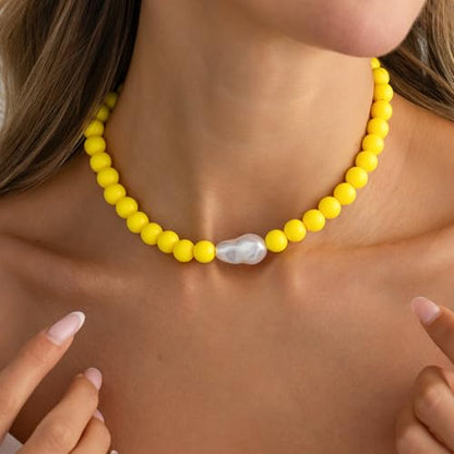 Colorful Faux Baroque Pearl Resin Beaded Choker Necklace Summer Tropical Jewelry for Women - color: Yellow