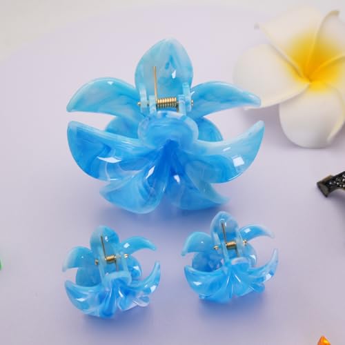 Flower Hair Clips for Women Girls Claw Clips Set Sky Blue Plumeria with Marble Design Barrettes Summer Hair Clip Fashion Hair Styling Accessories for Thick Thin Hair(3Pcs: 1 Large 2 Small) - color: Sky Blue