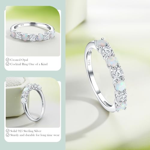 3.5mm Stackable Rings S925 Sterling Silver Created Birthstone & Cubic Zirconia Ring for Women Wedding Bands Anniversary Birthday Jewelry Size 6 to 10(with Box) - color: 10-Created Opal & CZ-Oct