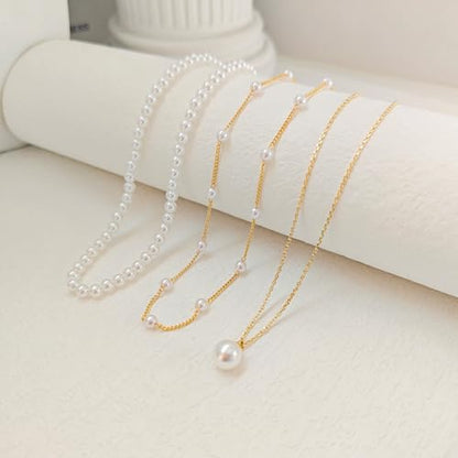 OGD Gold Pearl Necklace Set for Women 14K Plated Layered Daisy Choker Gift - color: 3PCS-Gold