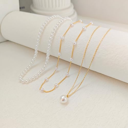 OGD Gold Pearl Necklace Set for Women 14K Plated Layered Daisy Choker Gift - color: 3PCS-Gold
