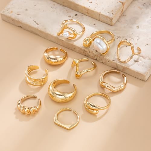 Chunky Gold Rings for Women Gold Baroque Pearl Rings Open Adjustable Pearl Ring Stacking Knuckles Rings Set Boho Prom Costume Fashion Jewelry for Women 2026 - style: Style2