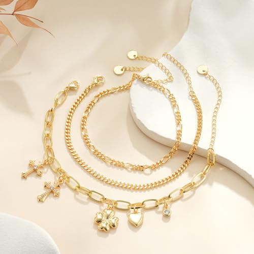 3PCS Charm Gold Bracelets for Women Non Tarnish,14k Plated Gold Bracelet Stack Cute Dainty Stackable Trendy Bow Cross Clover Bracelets Set Tarnish Free Gold Jewelry for Women Gifts - color: Cross-Gold
