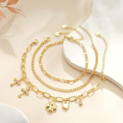 3PCS Charm Gold Bracelets for Women Non Tarnish,14k Plated Gold Bracelet Stack Cute Dainty Stackable Trendy Bow Cross Clover Bracelets Set Tarnish Free Gold Jewelry for Women Gifts - color: Cross-Gold