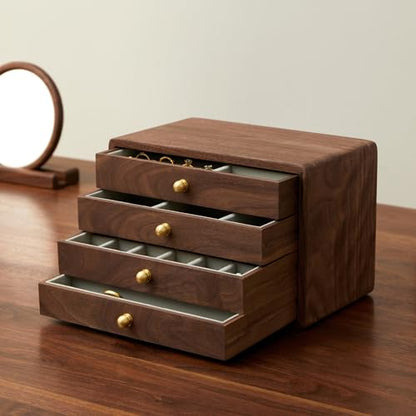 Wooden Jewelry Box for Women Men, Large | Velvet Lined Organizer, 4 Drawers, Solid Black Walnut Brass Handles, For Rings, Necklaces, Earrings - size: 4 drawers