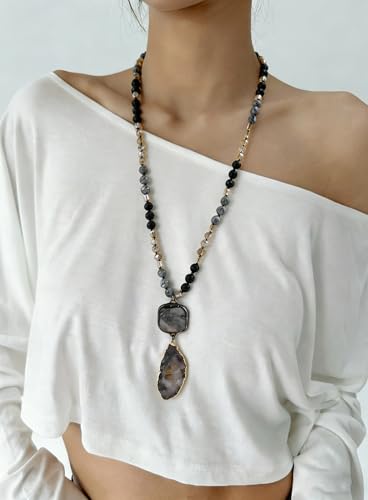 Yomisa Long Necklaces for Women Trendy, 33/34/35 inch | Boho Beaded Necklaces for Women, Natural Stone Pendant, Handmade Knotted Bead, Bohemian Holiday Summer Western Charm Jewelry - color: 34inch-Lava Stone