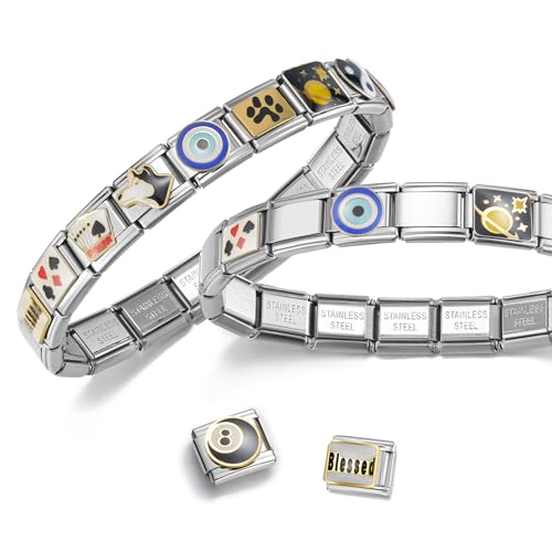 Stainless Steel Italian Charm Bracelet, 18 Link Starter Bracelet 9mm Charms | Italian Charm Bracelet with 9Pcs/20Pcs Charms and Opening Tools, Classic 9mm Modular Charm, Personalized Jewelry Gift - color: D-Silver