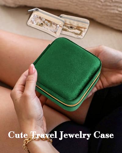 Bistup Travel Jewelry Case - Small Jewelry Organizers and Storage Box for Women Girls Teens Cute Traveling Jewelry Holder with Mirror Little Tiny Compact Modern Unique Aesthetic Pretty, Geen - style: All Green