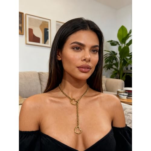 Artmiss Heart Slip Chain Necklace Cuban Long Chain Affection Link Necklace Submissive Collar Chokers for Women - color: Gold