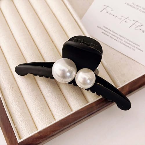 Pearl Claw Clips - Black Hair Bows - Pearl Bead Hair Clamps - Strong Hold Jaw Clip - Large Non Slip - Hair Clips for Thick & Long Hair - Fashion Hair Accessories - Jewelry for Women & Girls