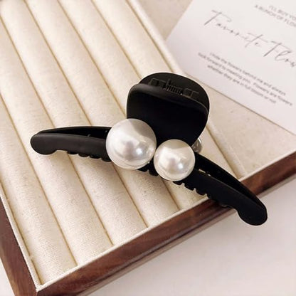 Pearl Claw Clips - Black Hair Bows - Pearl Bead Hair Clamps - Strong Hold Jaw Clip - Large Non Slip - Hair Clips for Thick & Long Hair - Fashion Hair Accessories - Jewelry for Women & Girls
