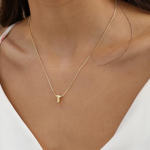 14K Gold Plated Bubble Letter Necklace, Tarnish Free and Waterproof Dainty Initial Necklace for Women, Trendy Personalized Gold Jewelry Gift for Her - color: Gold, style: T