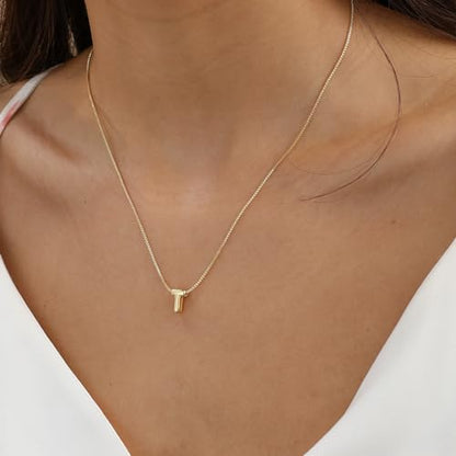 14K Gold Plated Bubble Letter Necklace, Tarnish Free and Waterproof Dainty Initial Necklace for Women, Trendy Personalized Gold Jewelry Gift for Her - color: Gold, style: T