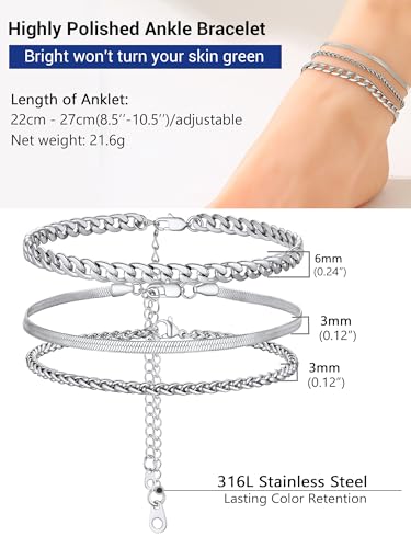 PROSTEEL Trendy Handcuffs Design/Customize Words Ankle Bracelet For Women, 316L Stainless Steel Anklets Silver/Gold/Black Tone, Hypoallergenic, Come with Box - style: 04.3 Layered-Cuban-Silver