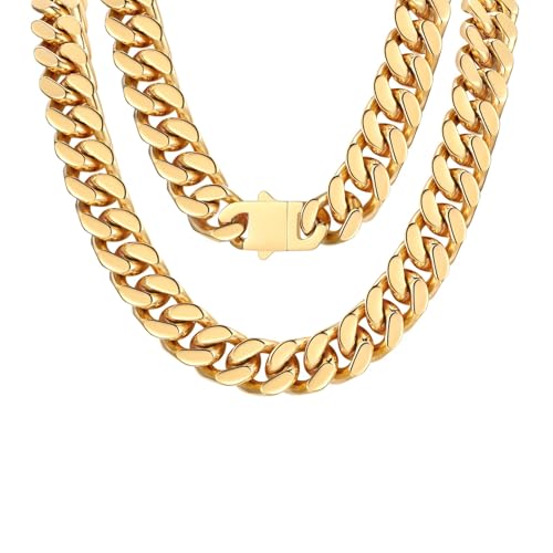 FindChic Cuban Link Chain Necklace for Women Men, Silver/Gold Plated Stainless Steel Solid Miami Curb Chain Hip Hop Punk Statement Jewelry, 5/12/14mm Width, 16/18/20 Inch Length, with Gift Box - color: 06. 14mm-Gold, size: 18inches