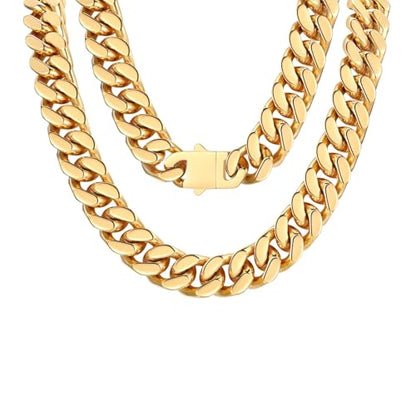 FindChic Cuban Link Chain Necklace for Women Men, Silver/Gold Plated Stainless Steel Solid Miami Curb Chain Hip Hop Punk Statement Jewelry, 5/12/14mm Width, 16/18/20 Inch Length, with Gift Box - color: 06. 14mm-Gold, size: 18inches