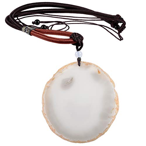 SUNYIK Natural Agate Slice Pendant Necklace for Women Men | Irregular Agate Slice Druzy Geode Pendant Necklace, Adjustable Nylon Rope 17"-29", Boho Healing Crystal Jewelry for Unisex - color: Grey-White