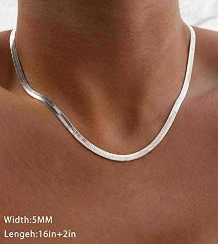 DEARMAY 14K Gold Plated Herringbone Necklaces for Women, Dainty Gold Snake Choker Chain Non Tarnish Trendy Simple Thin & Chunky Options Neckalce 1.5/3/5/6/8mm Chain Jewelry for Gifts - color: SL-5MM 16" Herringbone Necklace