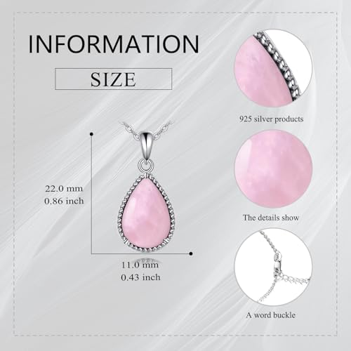 VONALA Sterling Silver Necklace Moss Agate/Turquoise/Larimar/Aquamarine/Opal/Black Onyx/Rose Quartz/Moonstone Pendant Teardrop Necklace Jewelry Gift for Women - style: Rose Quartz