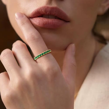 Bezel Set Birthstone Wedding Band 14K Gold Sterling Silver Stackable Half Eternity Band Rings 2.5mm Wide Ruby/Amethyst/Sapphire/Emerald Green/Aquamarine Ring for Women, Send Gift Box - style: 05-Created Emerald